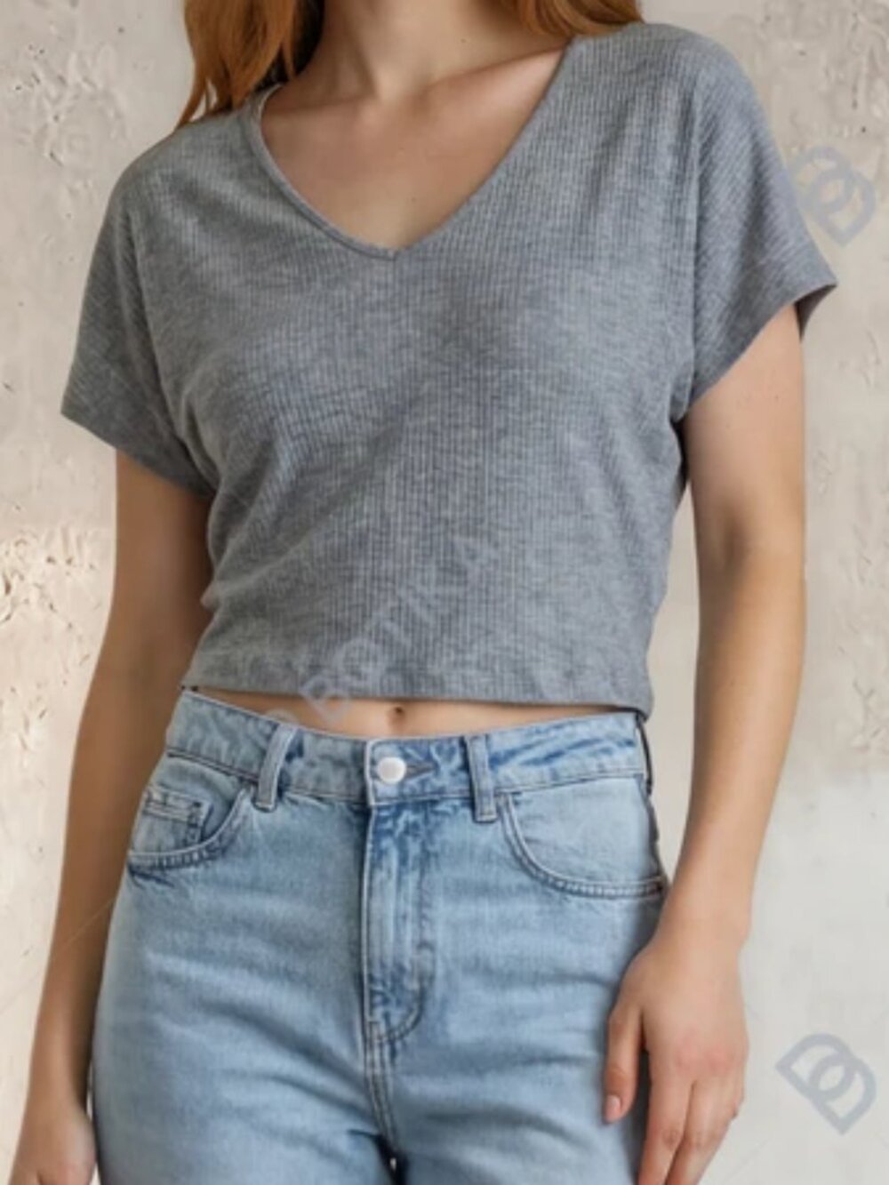 Light Blue Ribbed V-Neck Women's Top SO
